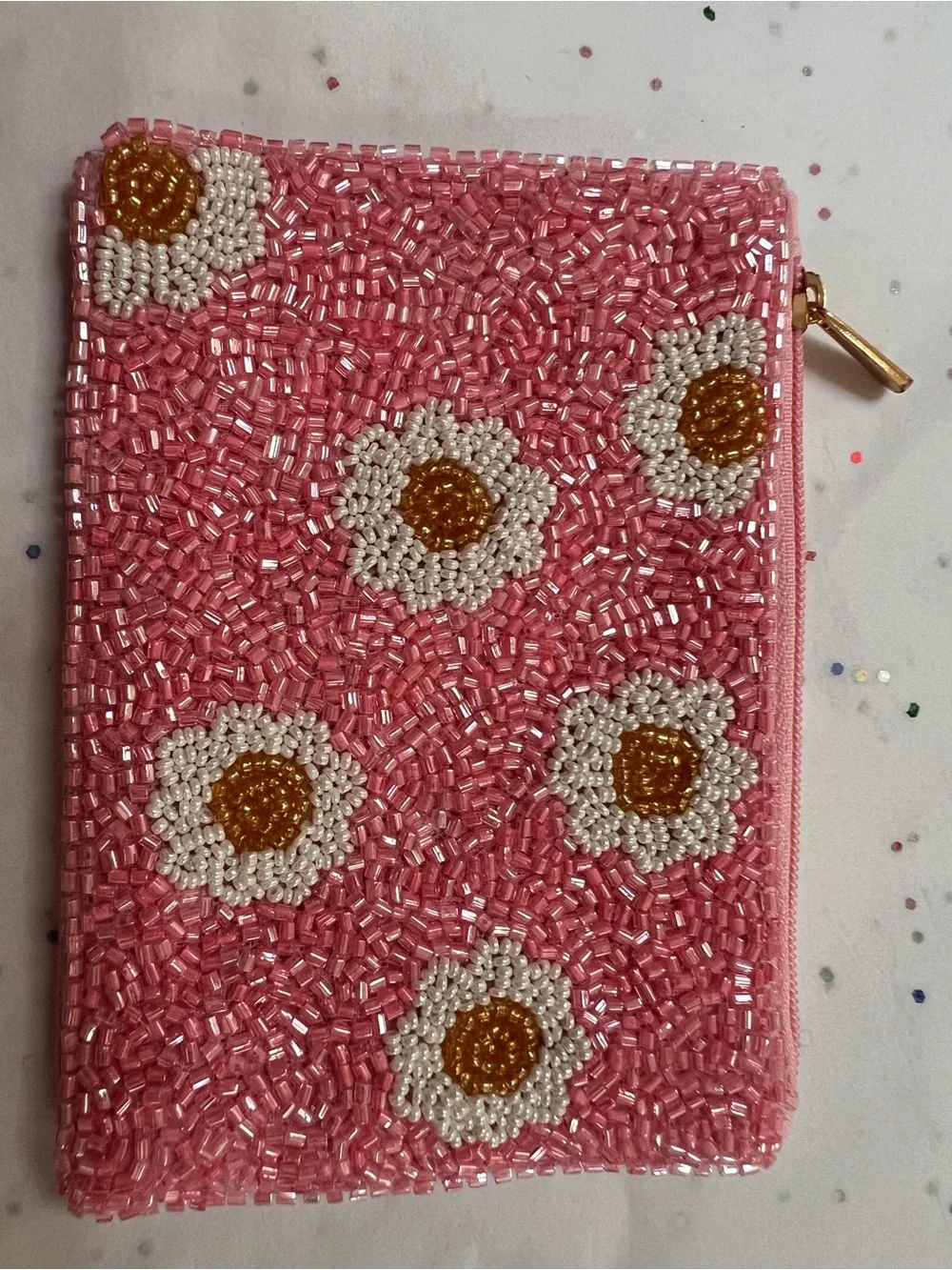 Pink Beaded Daisy Zip Pouch